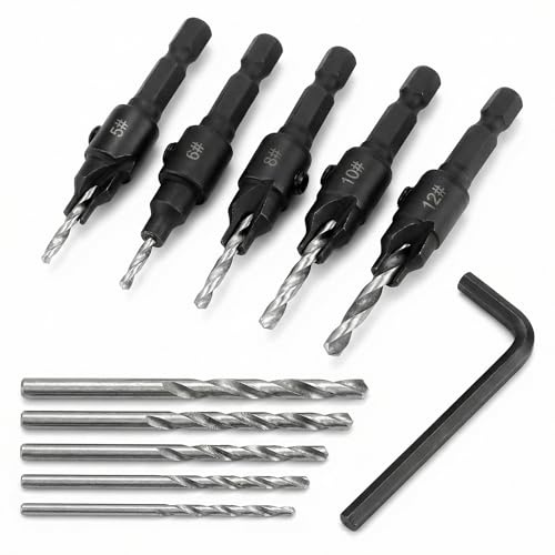 QWORK® 5 piezas broca avellanadora, 5#,6#,8#,10#,12#, vástago hexagonal de 1/4, con 5 uds de brocas reemplazables y una llave hexagonal para carpintería