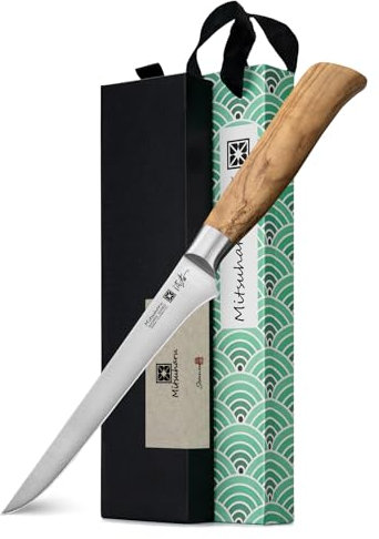 Mitsuharu 15cm Filetiermesser Küchenmesser, Profi Fischmesser Ausbeinmesser Fleischmesser mit scharfe Klinge, Deutsch Hochgekohltem Edelstahl, Ergonomischer Olivenholz-Griff (6 Boning Knife)