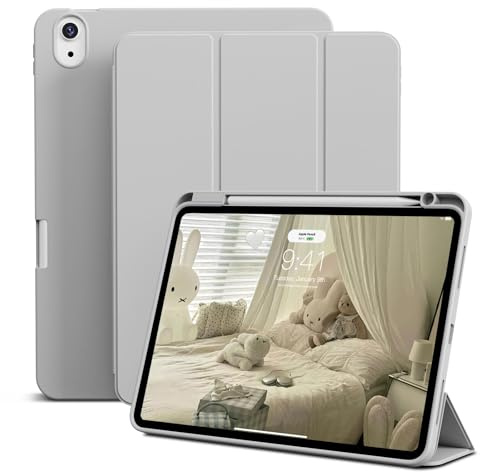 GKABXY Case for iPad Air 11 Inch M3/M2 (2025/2024), iPad Air 5th/4th Generation (2022/2020) 10.9 inch, Soft TPU Cover with Pencil Holder, Slim Trifold Stand case, Auto Wake/Sleep, Gray