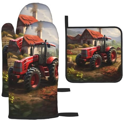 YYHHAOFA Lot de 3 gants de cuisine imperméables et durables pour four et manique pour isolation thermique Motif tracteur ferme