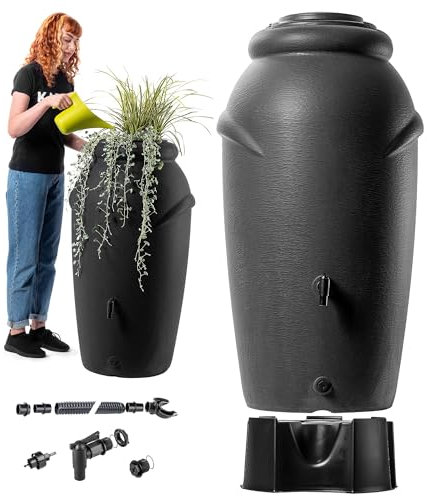 KADAX Tanque de lluvia de plástico de 210 litros, depósito de agua de lluvia con soporte, grifo y cuenco para plantas, depósito de lluvia decorativo, barril de lluvia a prueba de heladas