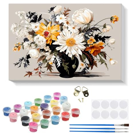 RICUVED Vase Fleurs Peinture par Numéros Kit 20x30cm pour Débutants avec Cadre en Bois –Fleurs Peinture Par Numéros Pour Adulte Enfants Kit DIY Pinceaux, Peintures Décoration Murale
