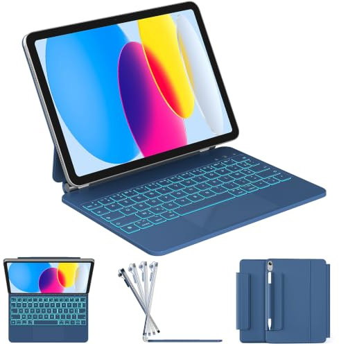 RAYMCRAFT für iPad (A16) 11th 2025/10th Generation Hülle mit Tastatur, Magic Keyboard für iPad 10.9 2022, 11-Farben-Hintergrundbeleuchtung, Multi-Touch Trackpad, Magnetständer, Stifthalter, Stahlblau