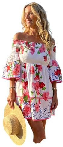 Antica Sartoria - Abito corto da donna, scollo a bardot con spalle scoperte e maniche a volant, stile boho chic, in cotone, estivo, bianco/fucsia, Taglia unica