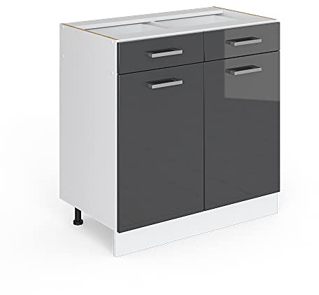Vicco Küchenunterschrank R-Line, Anthrazit Hochglanz, 80 cm | 2 Schubladen · Ohne Arbeitsplatte · Höhenverstellbare Füße · 2 Türen · ✓ Leichter Zugriff