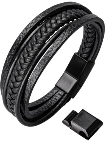 HOOF | Herren Armband aus echtem Leder Schwarz/Braun | geflochtener Armreif | 19,5cm - 27cm | Magnetverschluss Edelstahl | Edle Schmuckschachtel Box | Geschenk für Männer, Freunde, Partner bis XXXL