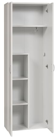 furni24 Holz Putzmittelschrank - Wäscheschrank mit Türen, Kleiderschrank, Garderobenschrank, Mehrzweckschrank, Schrank & Putzschrank, 2 Tür Mit Haken und 3 Regale, weiß, 60x34x180cm