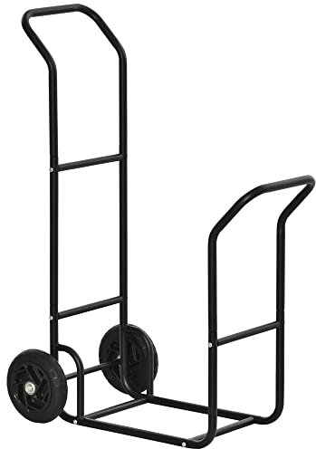 Outsunny Chariot porte-bûches en acier avec 2 roues, bois d'intérieur et extérieur Capacité 100 kg, 77 x 42 x 105 cm, noir