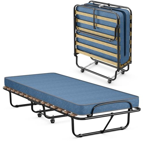 COSTWAY Cama Plegable con Colchón 80 x190cm, Cama Supletoria Plegable con Ruedas, Colchón en Memory Foam, Estructura Resistente y 4 Ruedas Giratorias, Cama Individual Adultos y Niños, 120kg (Azul)