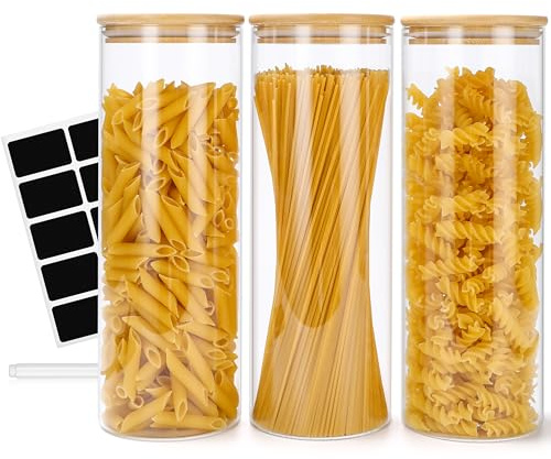 Lannvan 3er Set Vorratsgläser mit Deckel 2200ml, Spaghetti Aufbewahrung | Vorratsdosen Glas mit Deckel, Luftdicht, Holzdeckel, Für Mehl, Nudel, Pasta, Spaghetti