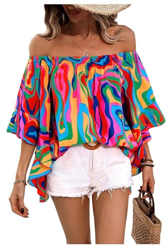GORGLITTER Women's Off The Shoulder Tops Boho Asymmetrical 3/4 Sleeve Ruffle Colorful Blouses Shirt Tops Dressy Casual Pink Graphic X-Large