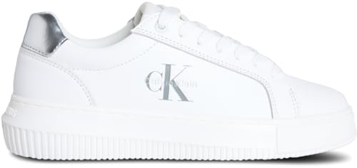 Calvin Klein Donna Sneakers con Suola Preformata Chunky Silver in Pelle, Bianco (Bright White/Silver), 39