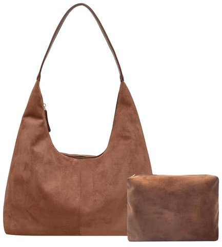 Sac Porté Épaule Femme en Daim Cuir Souple Sac Fourre Tout Rétro Grande Capacité Sac Bandoulière Femme avec Fermeture Éclair 2Pcs Set (Brun)