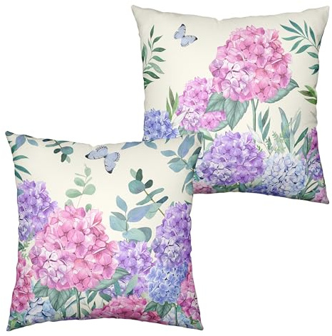 Kwlegh Set di 2 federe per cuscini con ortensia rosa, fiori primaverili, 45 x 45 cm, viola, rosa, ortensia, eucalipto, in cotone e lino, per divano, giardino, patio