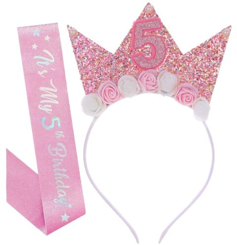 NHQZ Corona Compleanno Bambina, Corona di compleanno 5 anni, corona con fiori di rosa, per bambini, decorazioni per feste di compleanno, Cintura cerimoniale, 2 pezzo