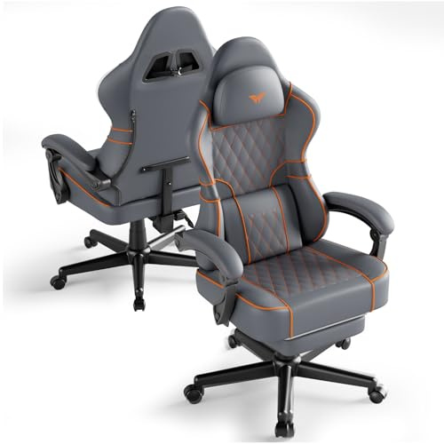 Ferghana Silla Gaming Ergonómica con Masajeador,Silla Gamer en Cuero PU Transpirable,Soporte Lumbar de Masaje,Reposacabezas,Reposapiés,Silla de Oficina,Silla Ergonómica de PC (Gris,Cuero PU)