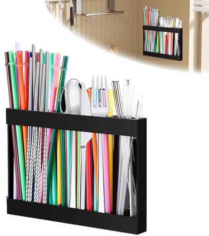 Soporte para pajitas de acrílico con cinta adhesiva de doble cara, organizador de pajitas, soporte reutilizable, soporte para paja, dispensador de almacenamiento para cocina, mostrador, armario (negro
