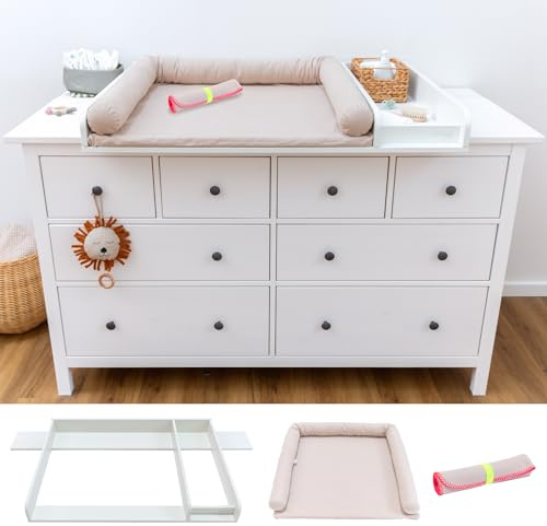 LIMMALAND Wickelaufsatz-Set + wasserundurchlässige Unterlage HEMNES 160cm | Aufsatz mit Trennfach, Auflage aus 100% Baumwolle · waschbar bei 60°C · inkl. Baumwoll-Schlange als Stoßschutz · Pure Beige
