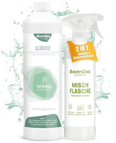 BactoDes - Clean Allround SPRING probiotischer Allzweckreiniger 1L Konzentrat mit Sprayflasche - Spezial Enzymreiniger mit bio Mikroben-Wirkung - Effektiver Geruchsneutralisierer & Geruchsentferner