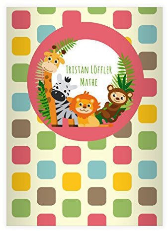 Kartenkaufrausch 16 personalisierte, Fröhliche, buntes Zoo DIN A5 Schulhefte, Schreibhefte mit Giraffe, Zebra und co in rosa Lineatur 6 (blanko Heft)