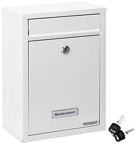 MONZANA® Briefkasten Weiß inkl. 2 Schlüssel Namensschild abschließbar Mailbox Briefkastenanlage Postkasten Stahl