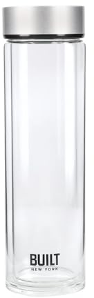 Built Tiempo Insulated Glass Water Bottle, BPA Free Borosilicate Glass / Stainless Steel Flask, Silver, 450ml