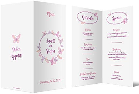 20 x Individuelle Hochzeit Menükarten Klappkarte Set mit Text selbst gestalten - Schmetterlinge