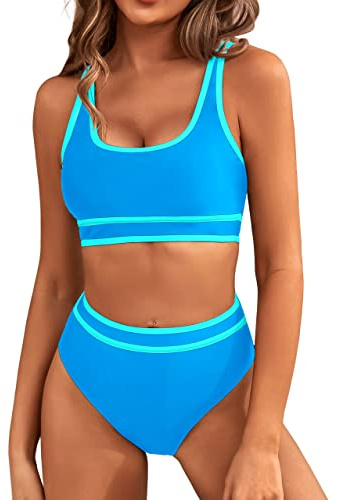 BMJL Women's High Waisted Bikini Sets Sporty Two Piece Swimsuits Color Block Cheeky High Cut Bathing Suits(L,Blue)
