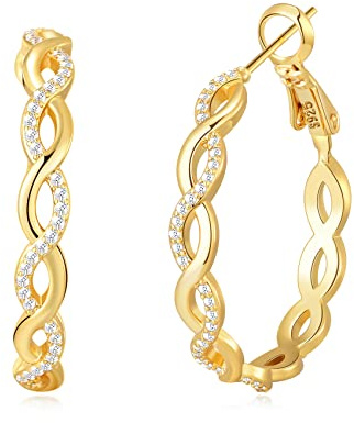 Senteria Twisted Hoop Earrings 14k Gold Plated Hoop Earrings for Women With AAAAA Cubic Zirconia Lightweight Hypoallergenic Hoops (40MM)