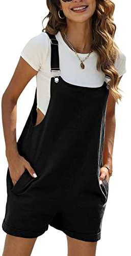 Sukany Tuta corta estiva da donna, casual, in cotone e lino, con spalline regolabili, con tasche
