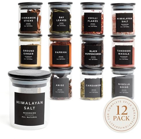 Livabl Glass Spice Jars with Lids and Labels – Bamboo Lid Spice Containers - Airtight Jars with 360 Black UK Designed Waterproof Pre-Printed Labels - Seasoning & Spices Storage (12 Packs - 200ml)