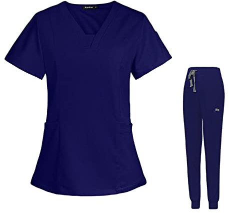 Baoblaze Female Scrub Set, Durable Short Sleeves v Neckline Top and Pants Work Clothing (S, Dark Blue)