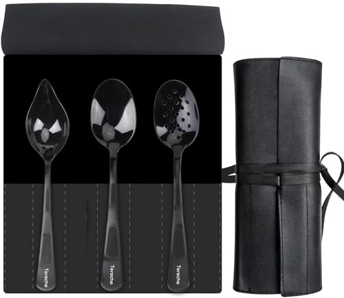 CREATIVECHEF Set of 3 Kitchen Spoons, Chef Plating Tools, Stainless Steel Serving Spoons, Professional Kitchen Secret, Black