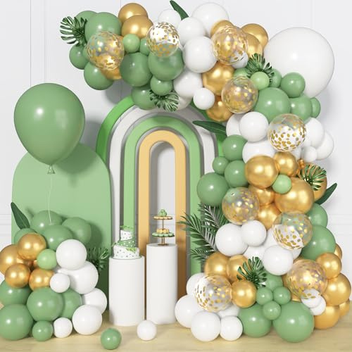 Arco de Globos Verde Salvia 134Pcs Kit de Guirnalda de Globos Verde Blanco Oro Globos para Cumpleaños Fiesta, Baby Shower, Boda, Jungla Safari Fiesta