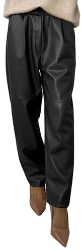 KBOPLEMQ Lederhose Damen Baggy Y2K Weite Hosen High Waist Lange Lederimitat Hose PU Schlaghose Cargohose Lederoptik Freizeithose