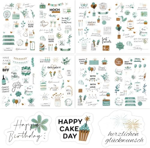Sticker Geburtstag| Aufkleber für Fotoalbum,GäStebuch& Geschenke |Party Sticker für Erwachsene & Kinder - Set Mit 225 Motiven Auf 4 BöGen (Green)