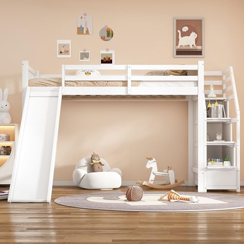 NNJN 90x200cm, Hochbett, Kinderbett, Leiterposition optional, mit Rutsche, Abnehmbarer Zaun, Ablageleiter, EN747 Zertifiziert, Ohne Matratze, weiß