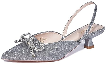 GENSHUO Scarpe da Sposa con Fiocco e Strass da Donna Décolleté con Punta Chiusa Scarpe da Sposa, Scintillio Grigio, 39 EU