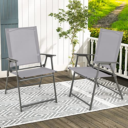 GYMAX Set di 2/4 Sedie da Giardino in Tessuto con Struttura Metallica, Sedie Pieghevoli con Schienale Alto e Braccioli, Sedia da Campeggio, Adatta per Giardino, Terrazza e Balcone (2, Grigio)
