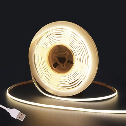 Fosingut COB LED Streifen 3m,5V USB LED Strip Naturweiß 4mm,4000K CRI 90+ 480 LEDs/m Lichtleiste LED Band Selbstklebend Stripes für Küche,TV LED Hintergrundbeleuchtung,Spiegel,PC,Schlafzimmer