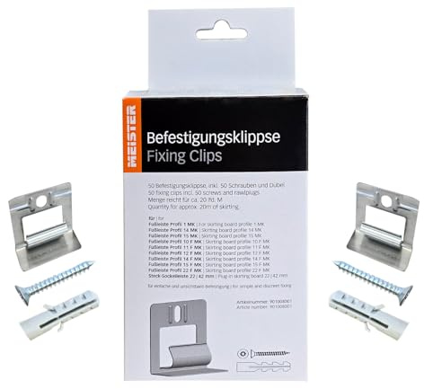 MEISTER Befestigungsklippse Fixing Clips – 50 Befestigungsklippse inkl. 50 Schrauben und Dübel – Für Sockelleisten Profile MK