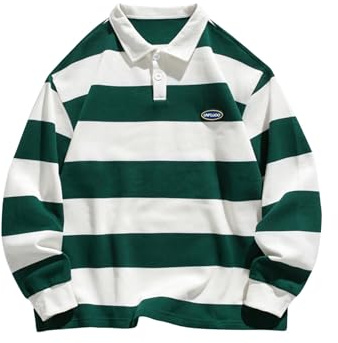 SweatyRocks Men's Oversized Sweatshirt Striped Long Sleeve Collared Preppy Pullover Shirts Fall Outfits Green Small