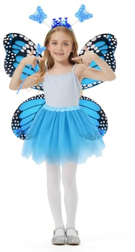 AYBUY Fjärilsvingar för barn, inkluderar fe vingar tutu trollstav och pannband, kostym fjärilsutklädning för flickor fin klänning jul halloween fest cosplay, blå