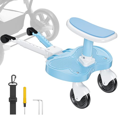 BugyKido Universal Buggy Board with Seat, 2-in-1 Kiddy Board for Children from 2-6 Years (25KG), Fits 99% of Strollers, Easy Installation, for Families with Two Kids, Blue