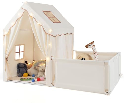 COSTWAY Lekhus barn inomhus med ljusslinga, 2-i-1 barntält och lekgaller, stort lektält för barn, inkl. tvättbar matta, lekområde 96 x 86 x 46 cm (beige)