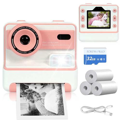Pink Kids Instant Print Camera: 1080P Kids Digital Camera with 32GB Card & 3 Rolls Print Paper for Christmas Birthday Gifts Aged 3-12