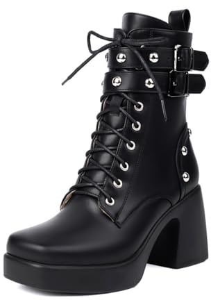 Générique Bottines À Talon Épais Femme avec Plateforme Double Boucle Lacets Clous Métalliques Bout Carré pour Quotidien Streetwear Sortie Nocturne,Noir,38 EU