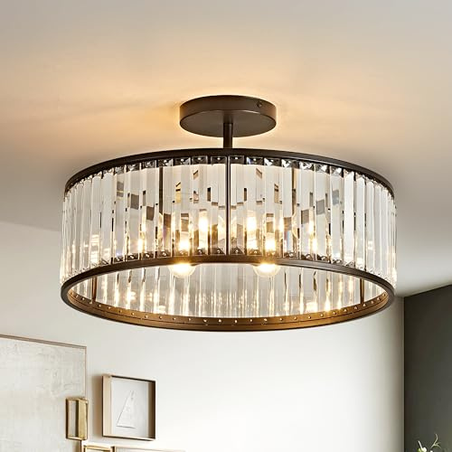 OKELI 19.7 Modern Crystal Chandeliers Semi Flush Mount Ceiling Light, Black Round Crystal Chandelier Ceiling Lights Fixture for Hallway Bedroom Living Room E12*6
