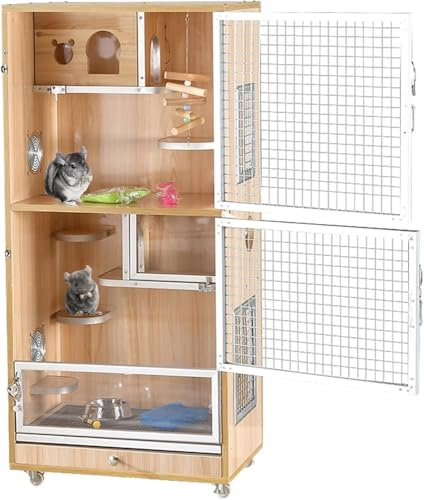 Råttbur chinchilla-bur, anti-tuggning iller med ytterdörrar/matskål/vattenflaska/utskjutande brickor/svängbara hjul för chinchilla, råtta, igelkottar, ekorre