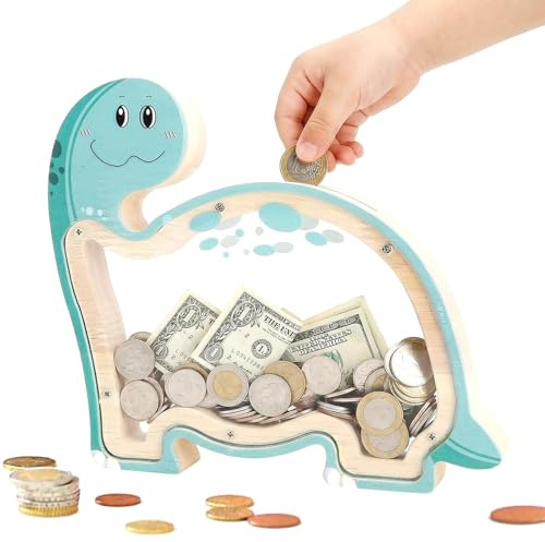Sparbössa barn trä, 20 x 16 x 3 cm, personlig dinosaurie, spargris för pojkar flickor, spargris vuxna – utmärkt presentidé till födelsedag, inskolning och andra tillfällen (vit)